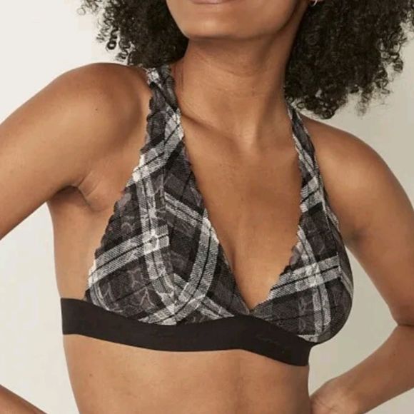 NWT 2PC PINK VICTORIA SECRET BRALETTE LACE THONG BLACK WHITE PLAID BANDANA SMALL - Picture 10 of 12